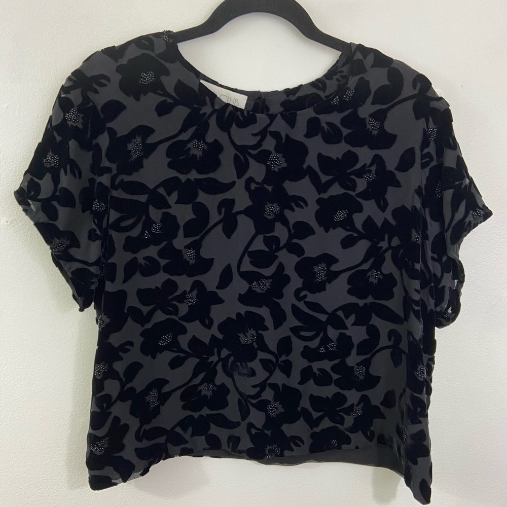 Vintage Blouse Black Velvet Burnout Beaded Cropped XL Silk Whimsigoth Witchy